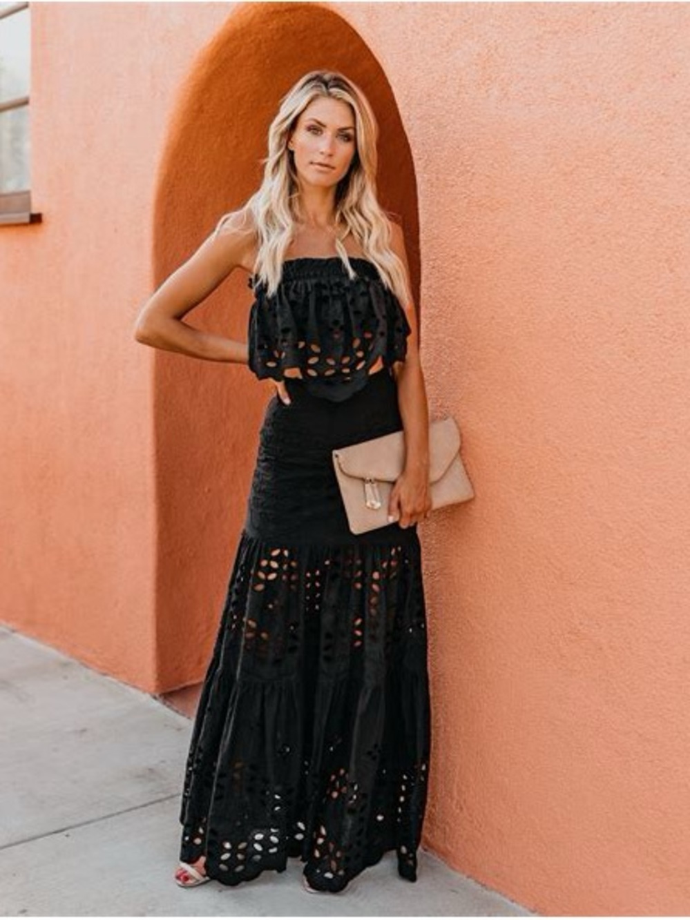 Luxxel Black Eyelet Maxi Skirt and Crop Top Set Size Large